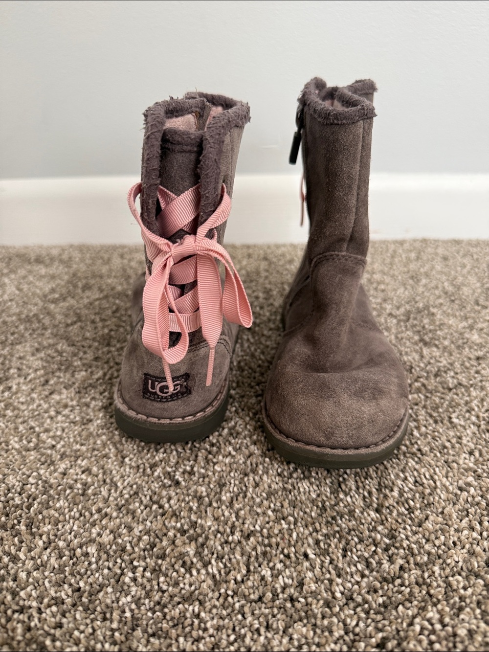 UGG Kids Brown Suede Boots with Pink Ribbon Laces